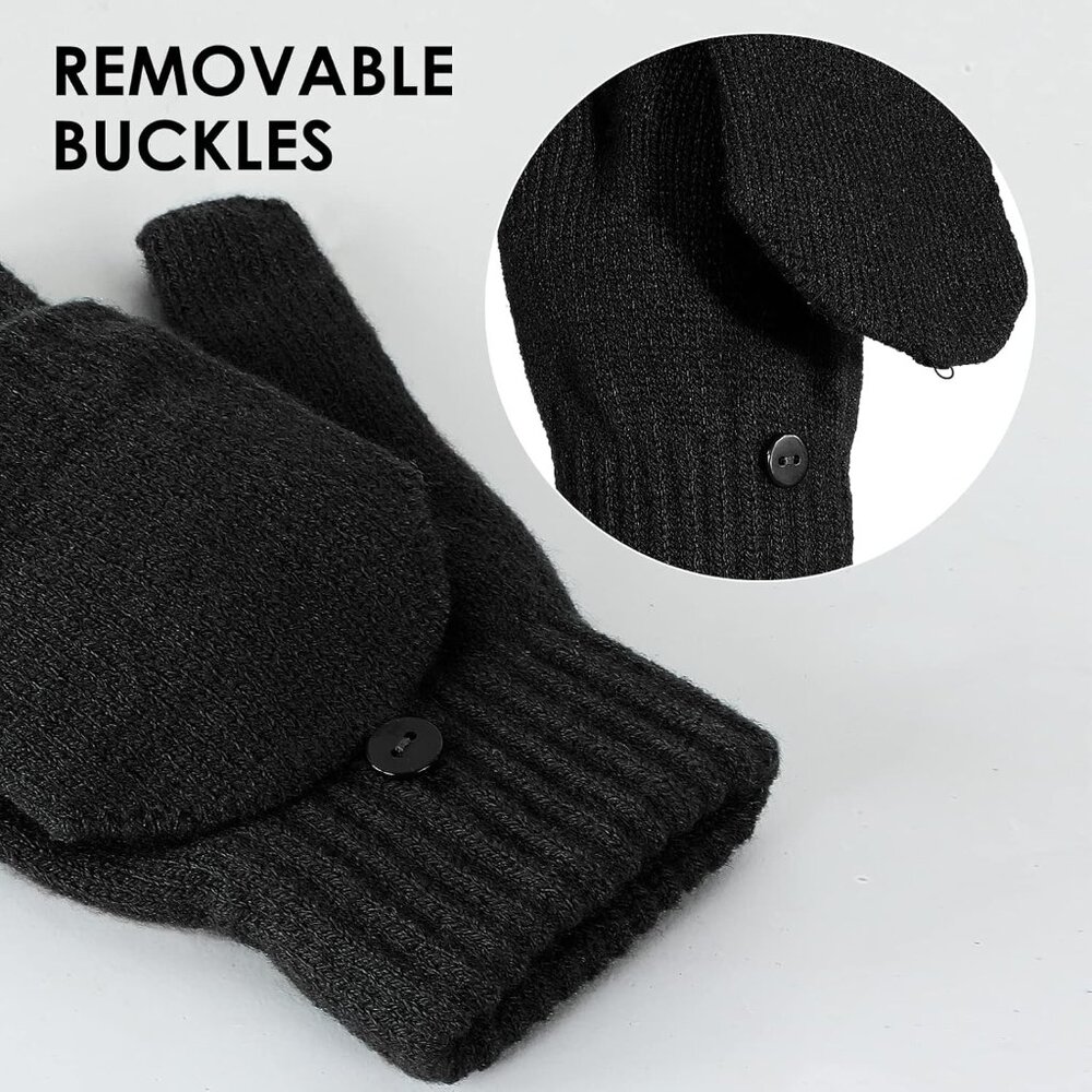 Women's Black Fashionable Windproof Fingerless Lining Mittens Flip Cover Gloves - Picture 2 of 6